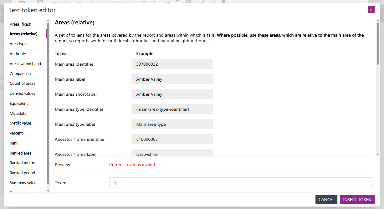 Relative areas tab in Text Token Editor