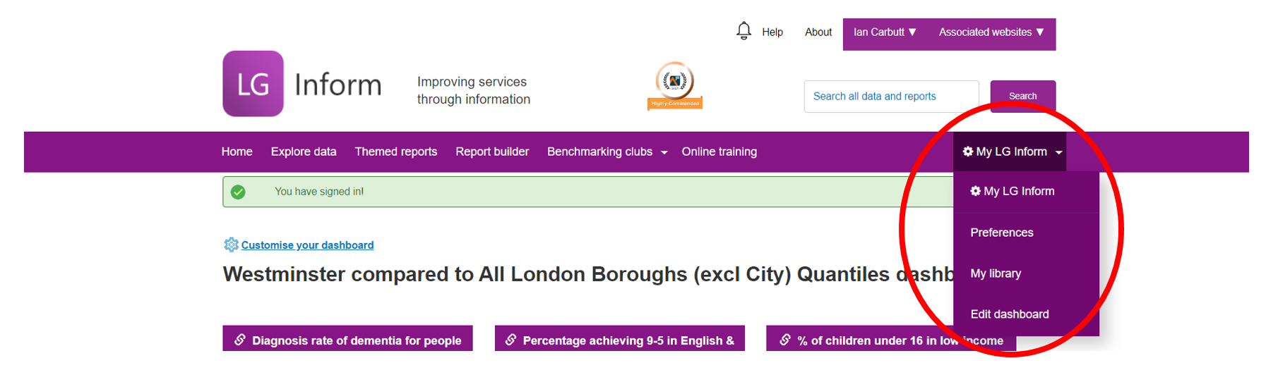 Screenshot highlighting the My LG Inform' tab where the link to the 'Personalisation' area.