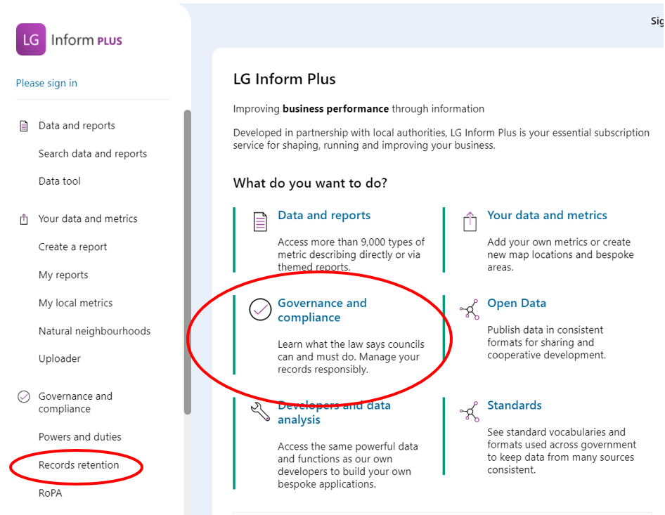 LG Inform Plus Home page highlighting the Governance Hub page where the Records Retention Schedules are stored.