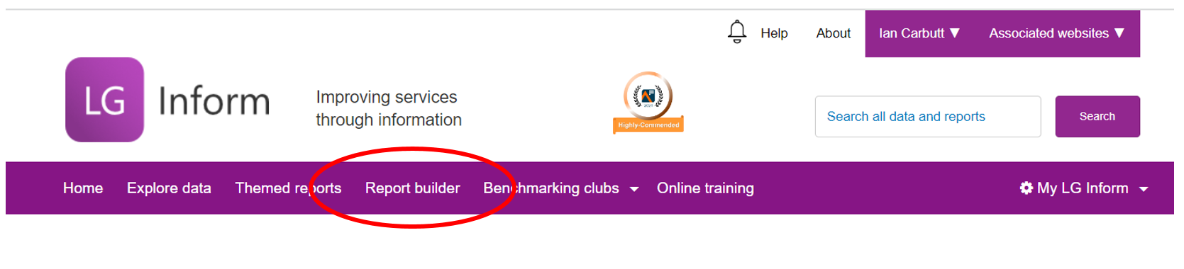 Screenshot showing the location of the Report Builder tab in the main site navigation post sign in.