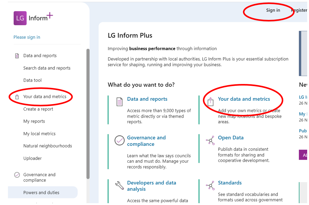 Screenshot of LG Inform Plus landing page showing where to click in order to navigate to the My local Areas component.