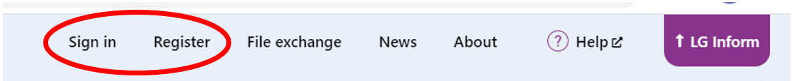 Screenshot showing the site top navigation and position of the Sign in and Register links: Far left hand side.: 
