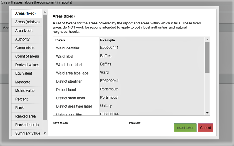 Screenshot showing the Text Token editor and all the available Text Tokens.