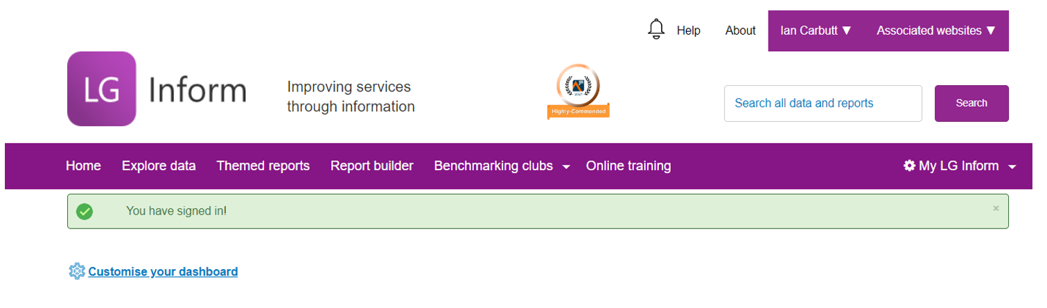 Screenshot showing the signed in landing page. the padlocks against the Report Builder and My LG Inform have been removed.