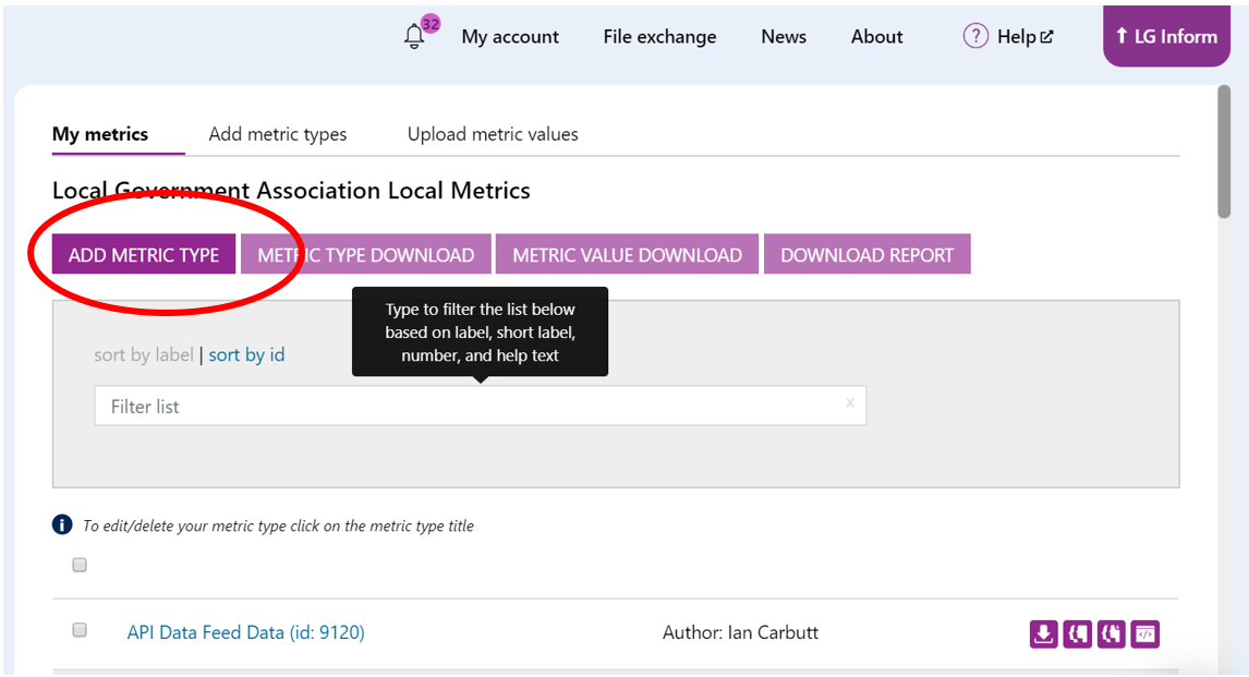 Screenshot of the module landing page, highlighting where the 'Add metric type' button is located: top left button.