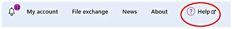 Screenshot showing the location of the sites Help button (in the top navigation). Location is on the far right hand side.