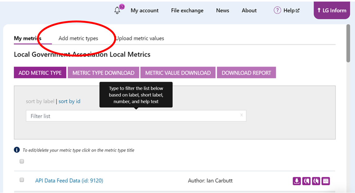 Screenshot highlighting the alternative tab that can be used to add metric types. Located to the right of the My Metric tab.