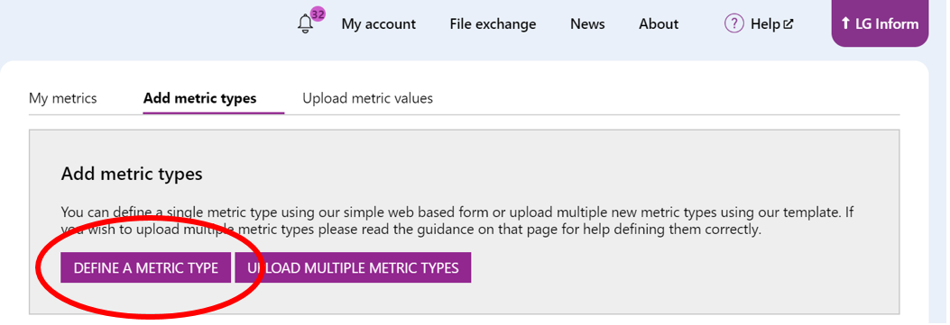 Screenshot showing where the 'Define a metric type' button is located.