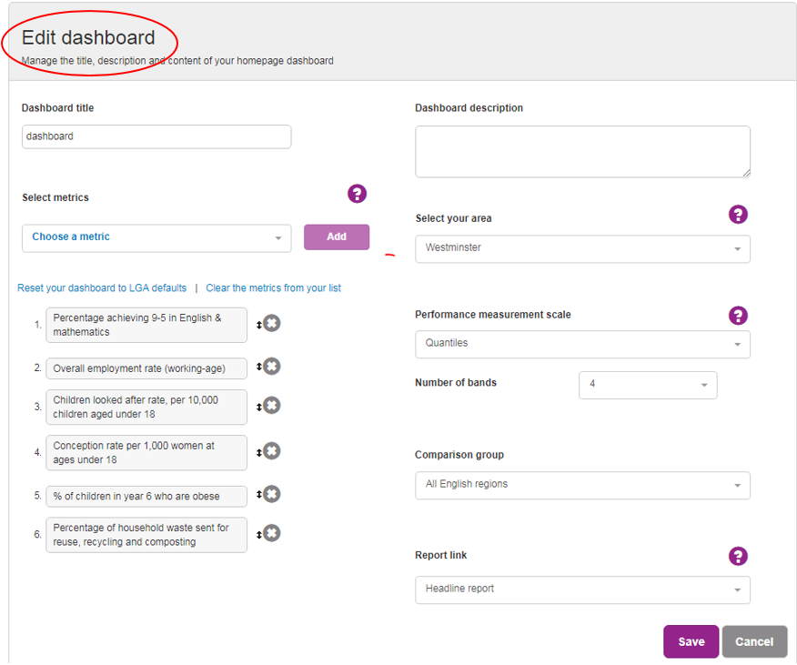 Screenshot showing the Edit Dashboard controls used to tailor a users own 6 dials.