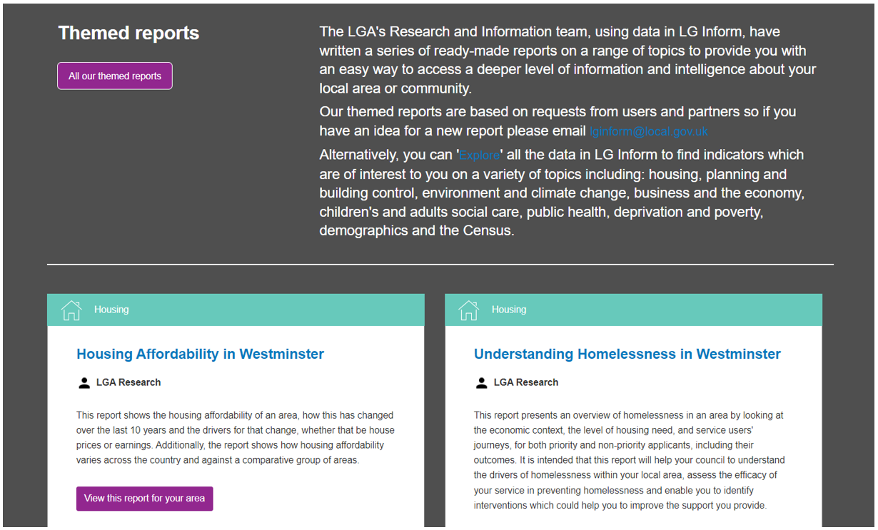 Screenshot of example Themed reports that are available on the Themed reports page.