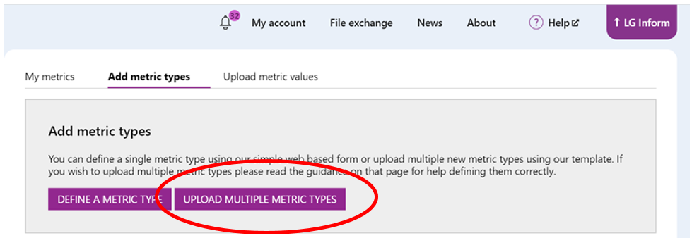 Screenshot showing the Upload multiple metric types button. This can be used to upload metrics type