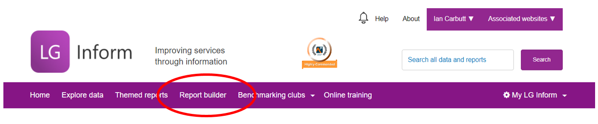 Screenshot with the location of the Report builder tab circled