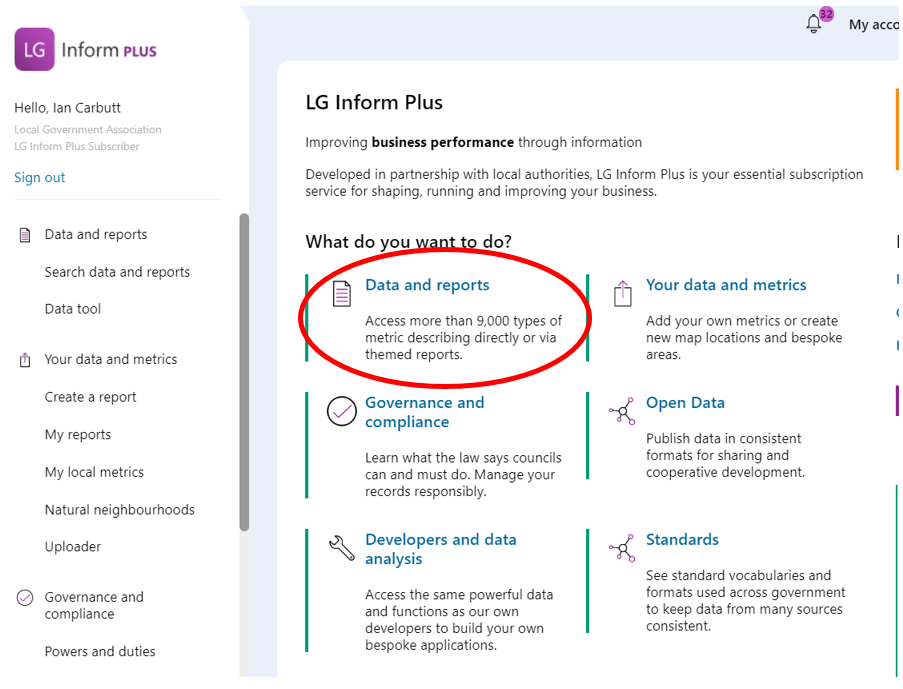 Screenshot of the landing page highlighting the link to the Data and Reports Hub page.