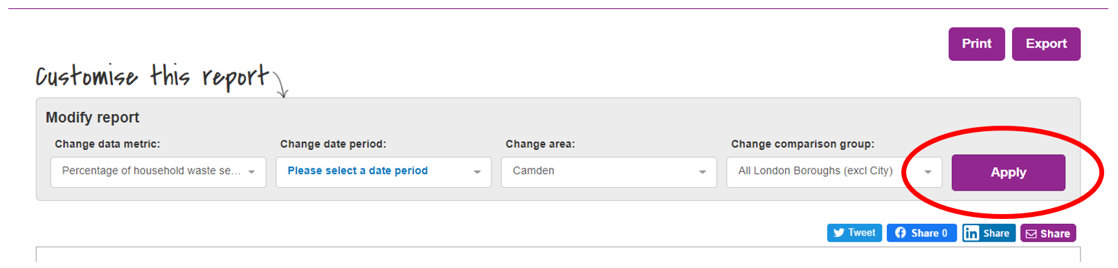 Screenshot of the four modifiers available to change report. The 'Apply' button is highlighted