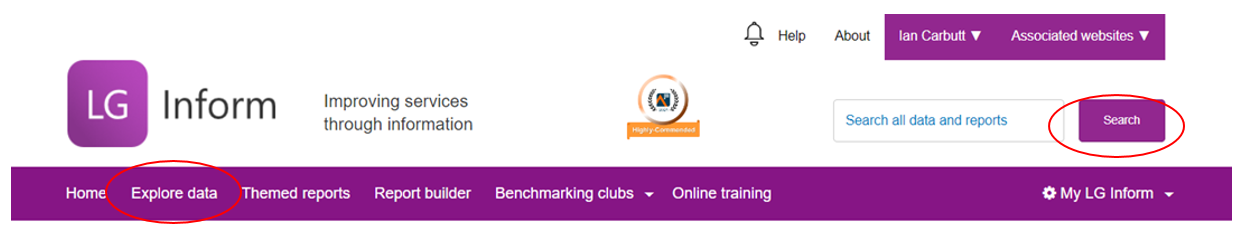 Screenshot of the site navigation with the Explore data tab circled.