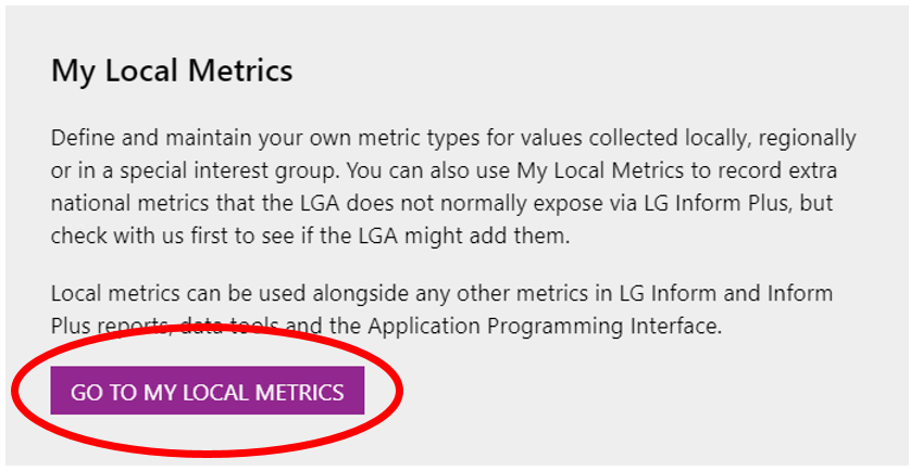 Screenshot of the Hub page showing the 'Go to My Local Metrics' button/link.