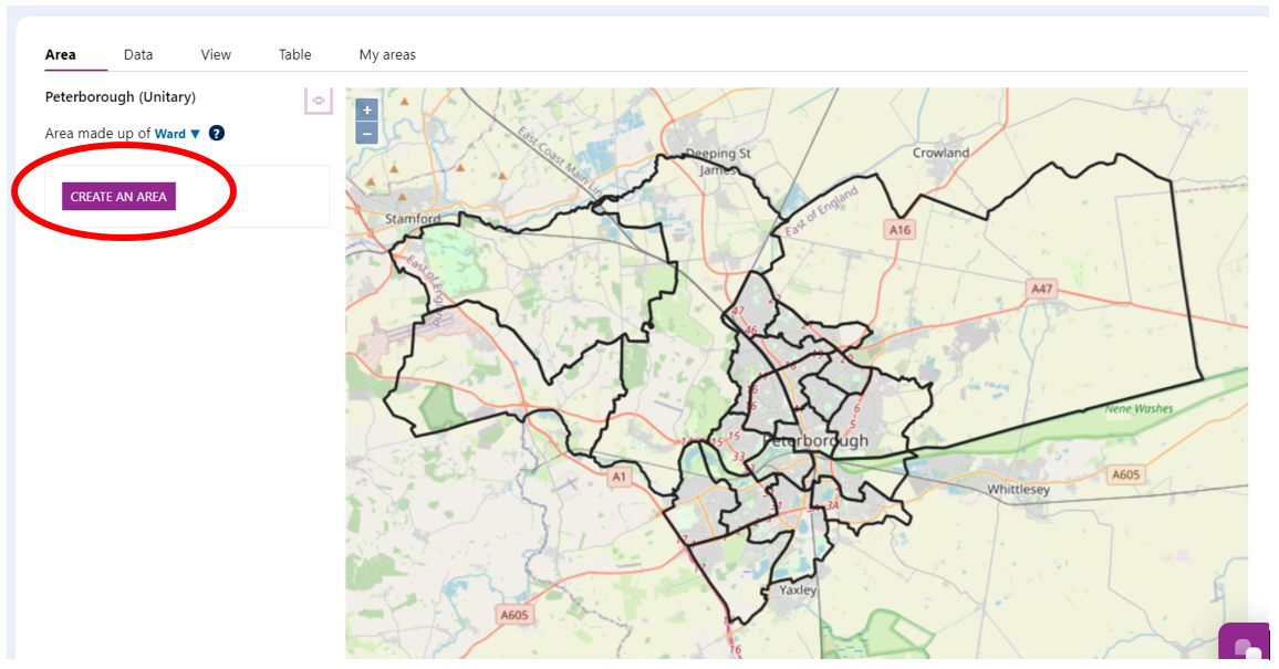 Screenshot of an unpopulated map within the My Local Areas component. The 'Create an area' button is highlighted.