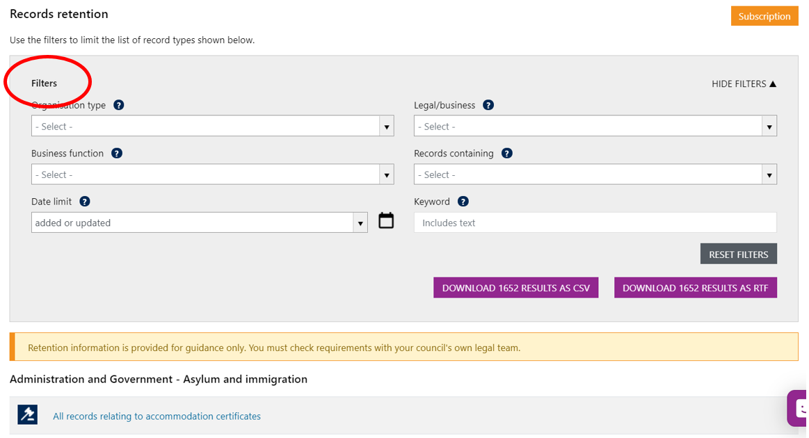 Screenshot of the Records Retention filters showing which aspects users can filter to data to obtain results e.g. by organisation type such as local authority