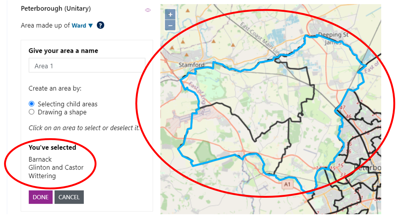 Screenshot of the three wards selected with the new area boundary shown on the map.