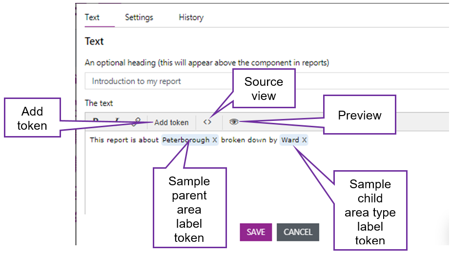 Screenshot of the Text Editor box opened showing a line of text which includes two text tokens embedded within it.