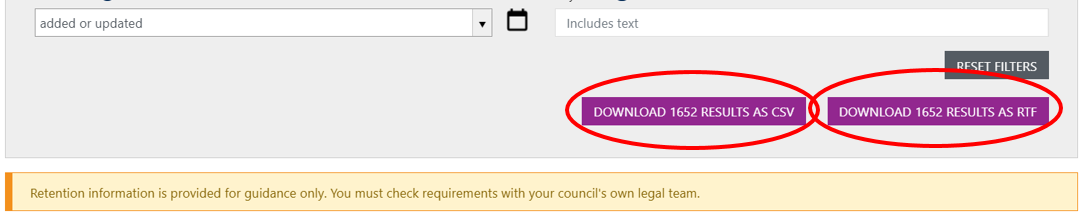 Screenshot highlighting the two download options for your filtered list: csv or rtf.