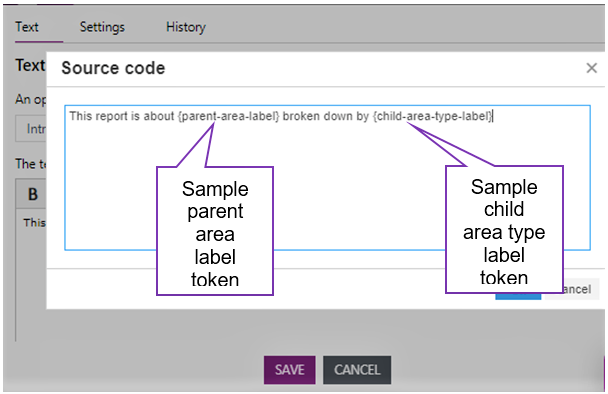 Screenshot of the 'Source code' box showing the added text and the token labels.