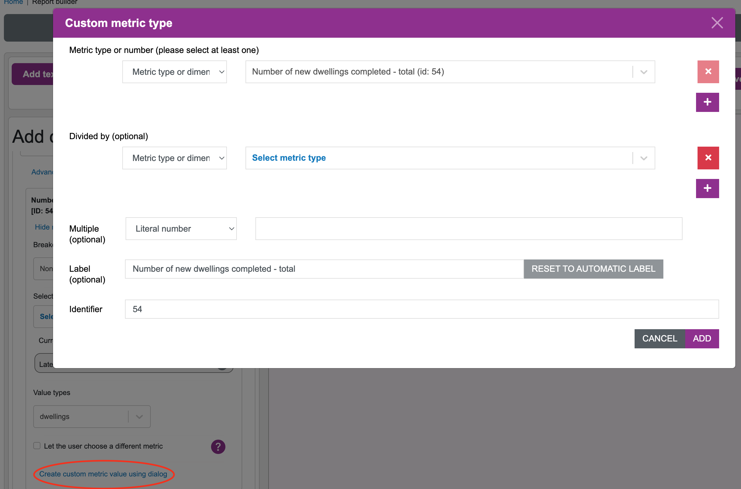 Custom metric type dialog