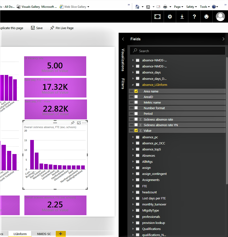 Screenshot showing underlaying data table from the LG Inform API