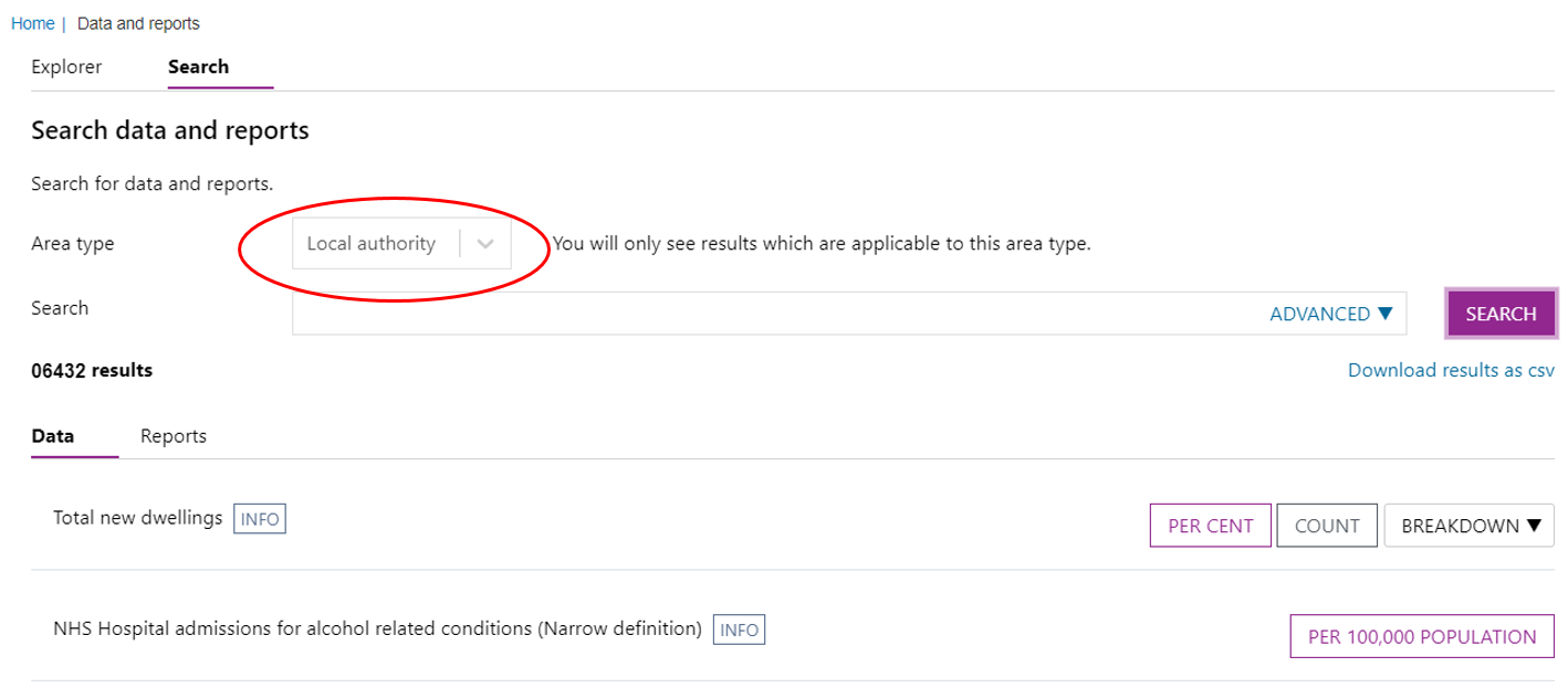 Screenshot showing full Search dialogue box with Local Authority as the area type circled.