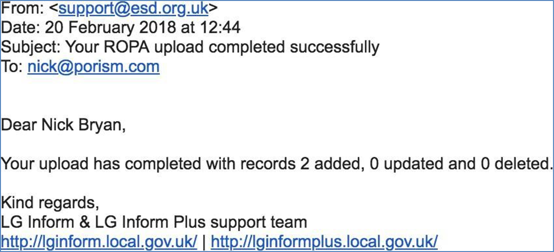 A screenshot of a confirmation email
