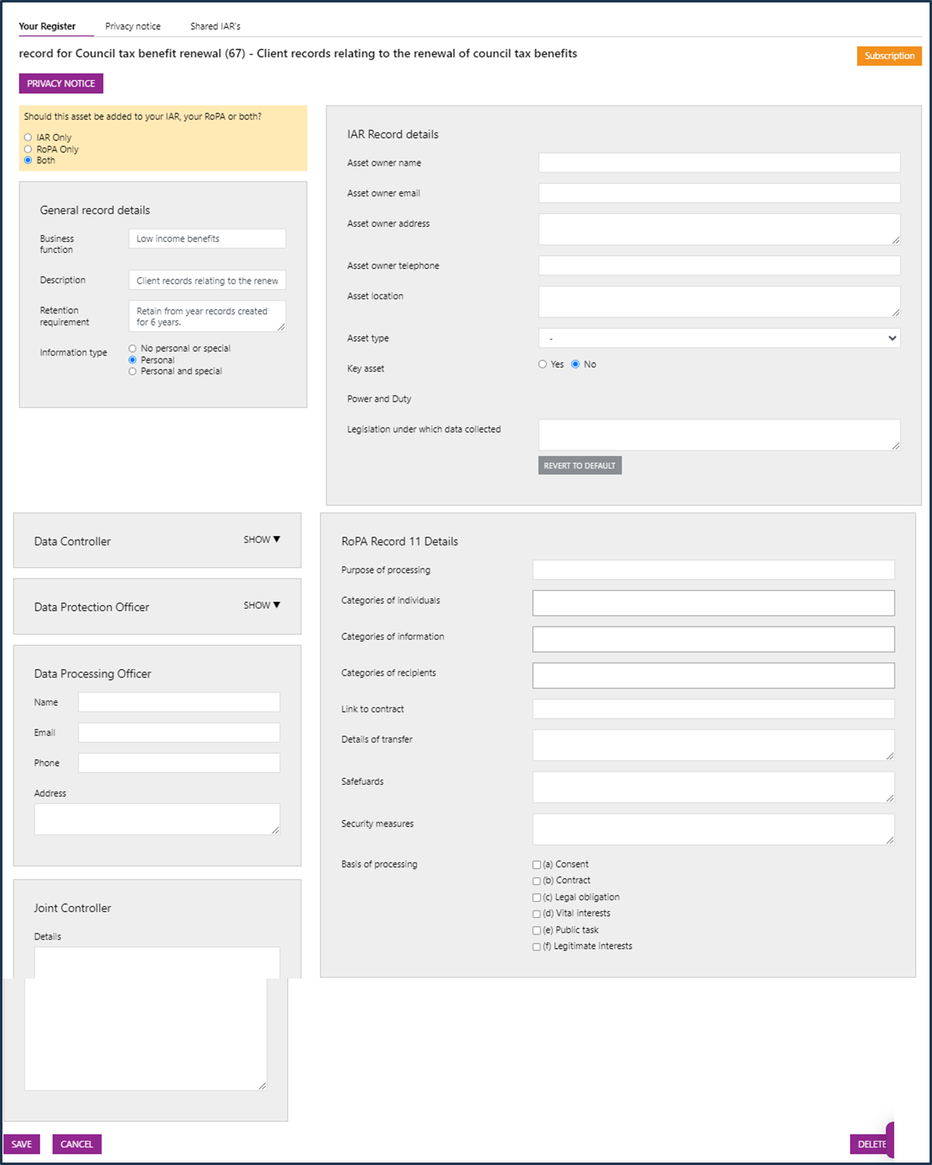 A screenshot of the RoPA application