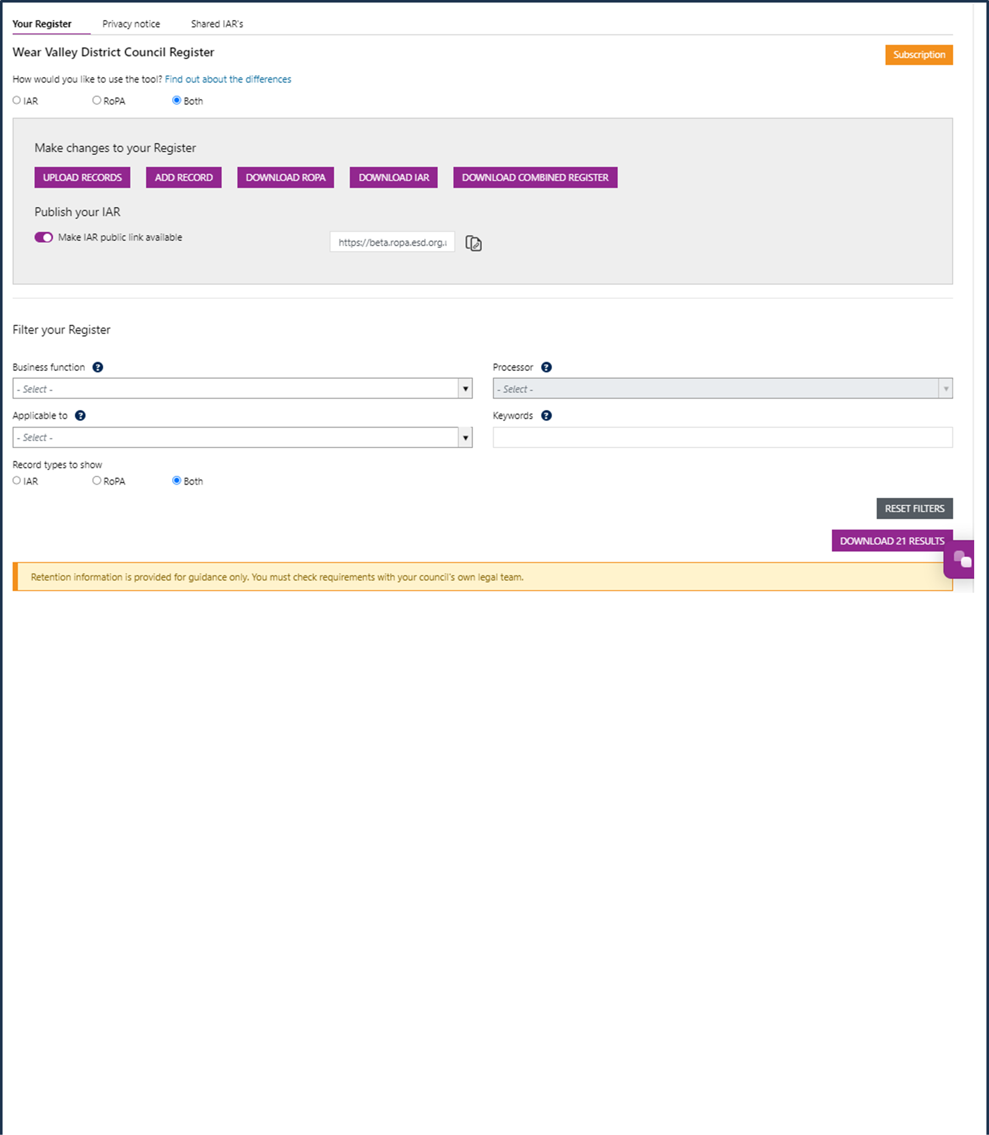 A screenshot of the RoPA application
