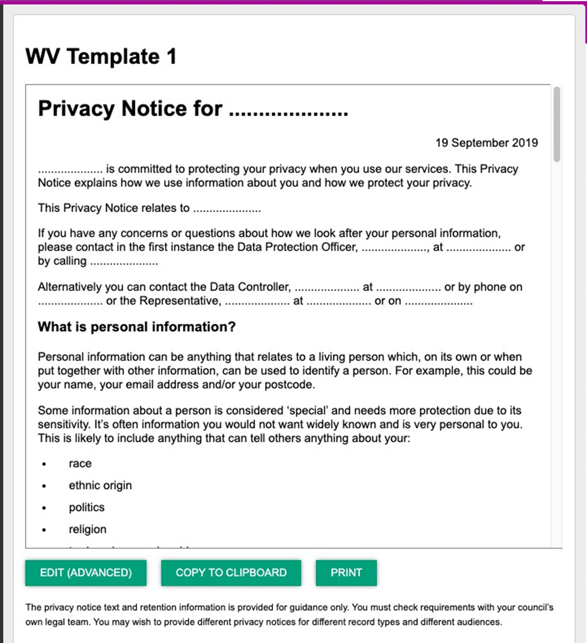 A screenshot of the RoPA application
