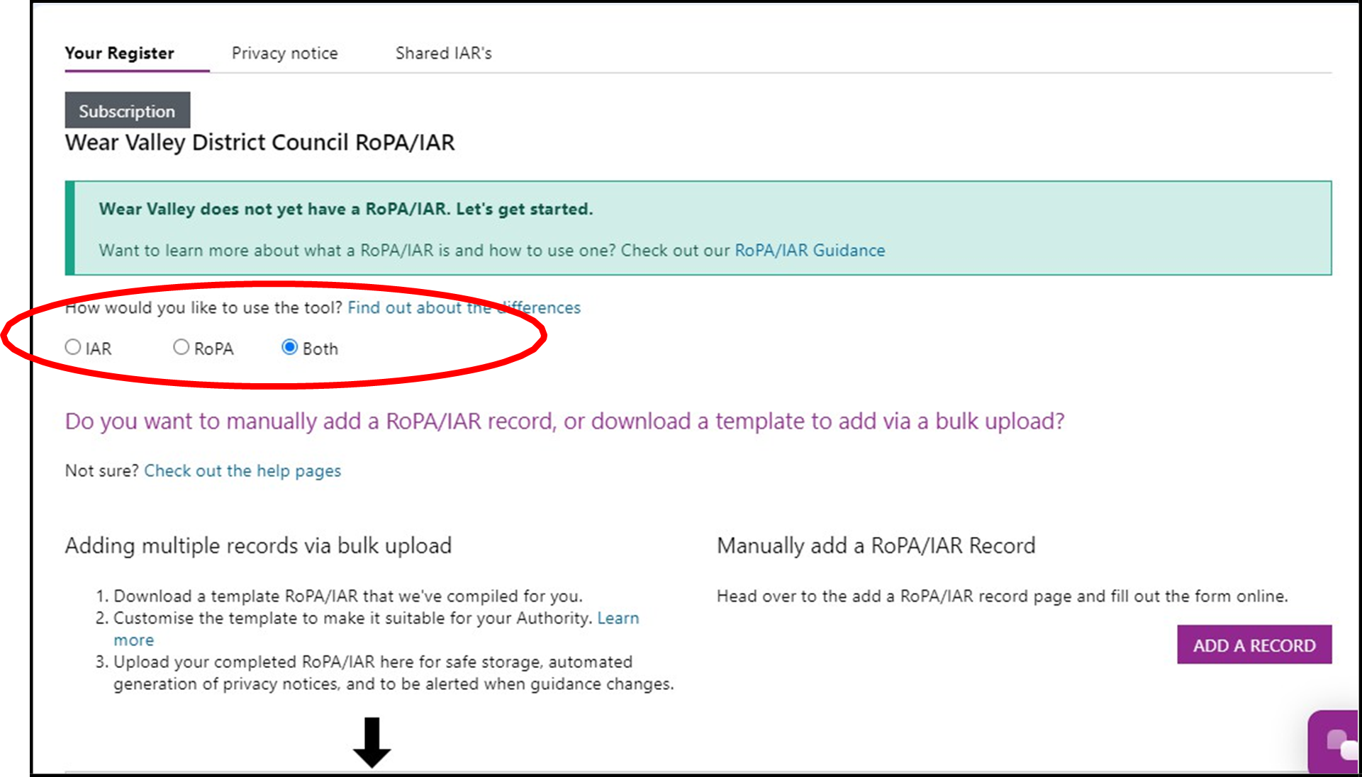 A screenshot of the RoPA application