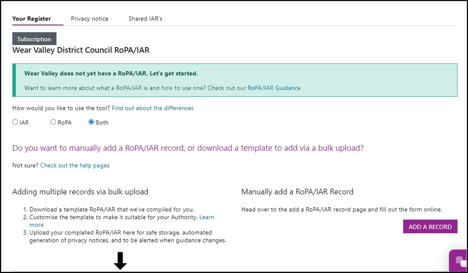 A screenshot of the RoPA application