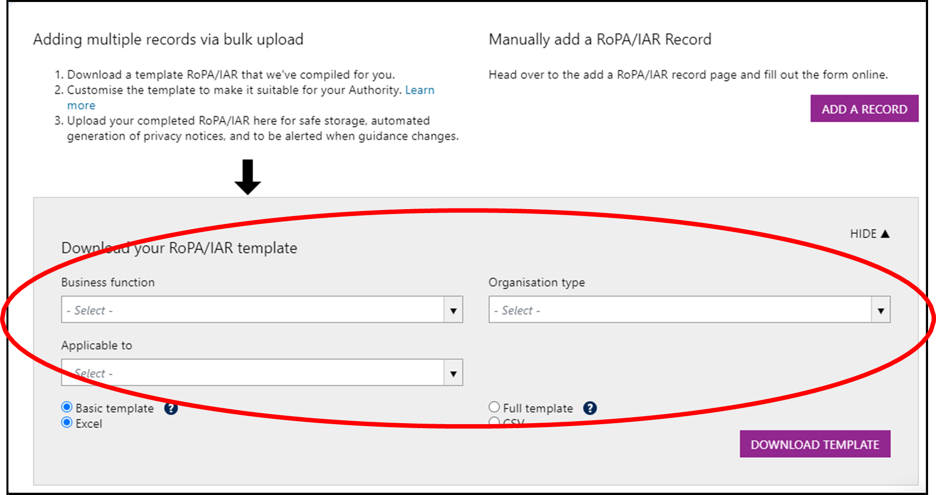 A screenshot of the RoPA application